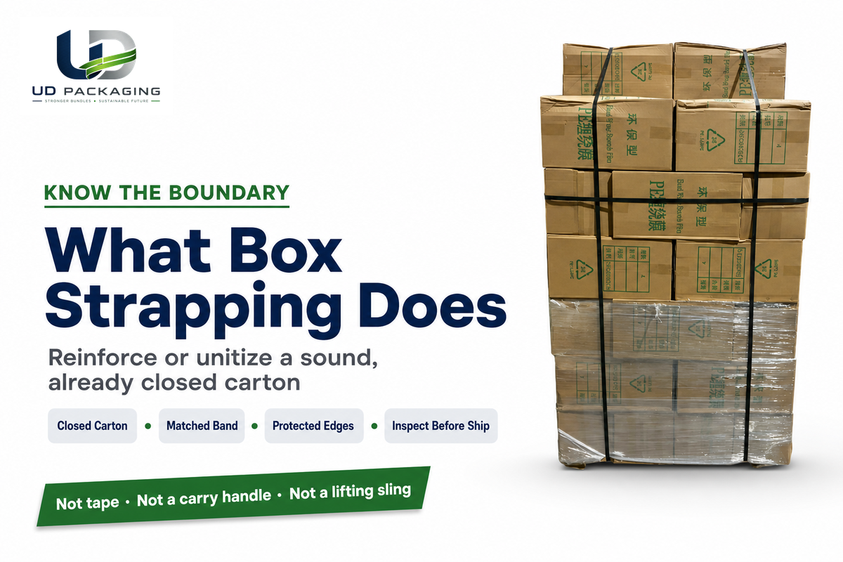 Box strapping purpose and boundary over a real strapped carton load
