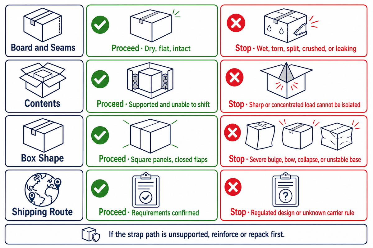 Pre-strap carton decision for board, contents, box shape and shipping route