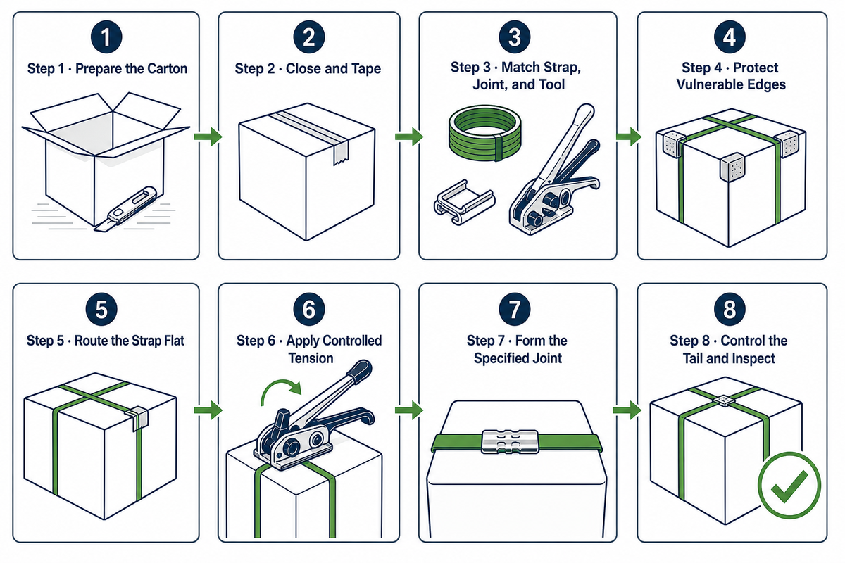 Seal-Strap-Ship Sequence showing eight ordered box strapping steps