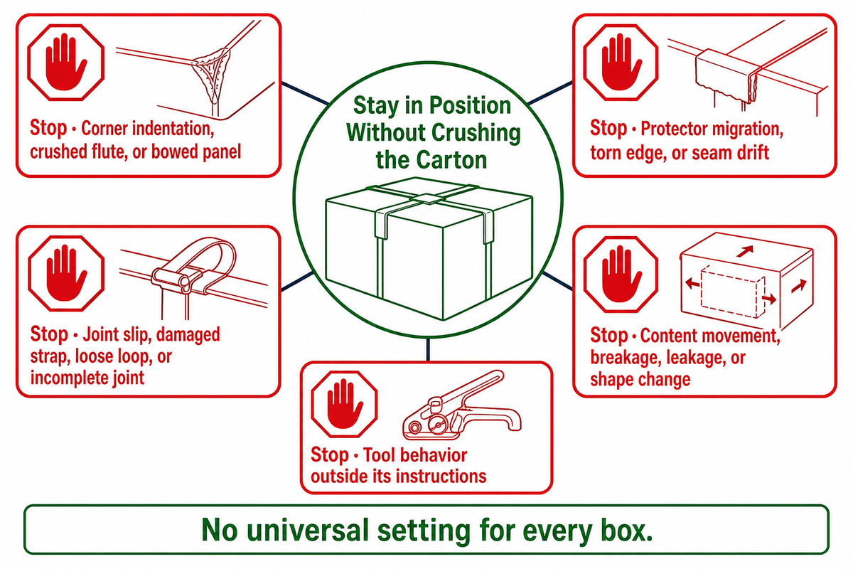 Controlled box strapping tension screen with five stop signs