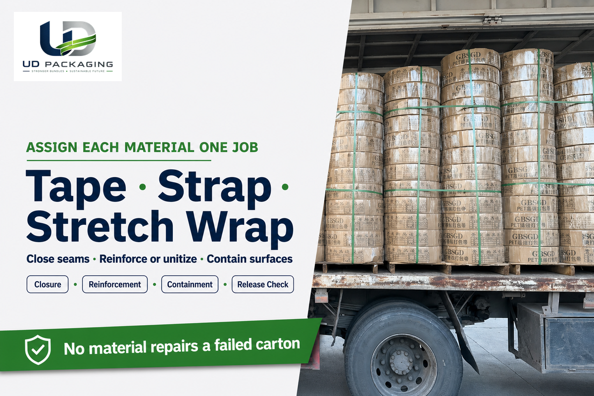 Tape plastic strap and stretch wrap compared by packaging job
