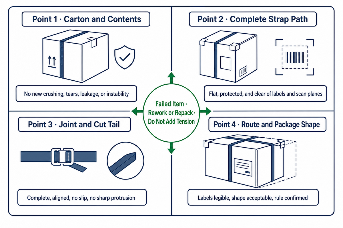 Four-Point Carton Release Sweep for a strapped shipping box