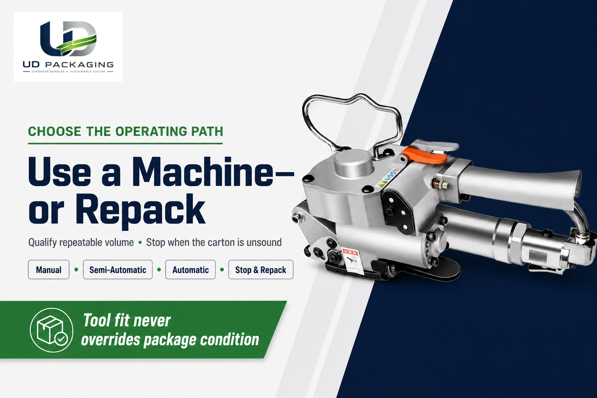 Powered strapping tool with machine selection and repack boundary