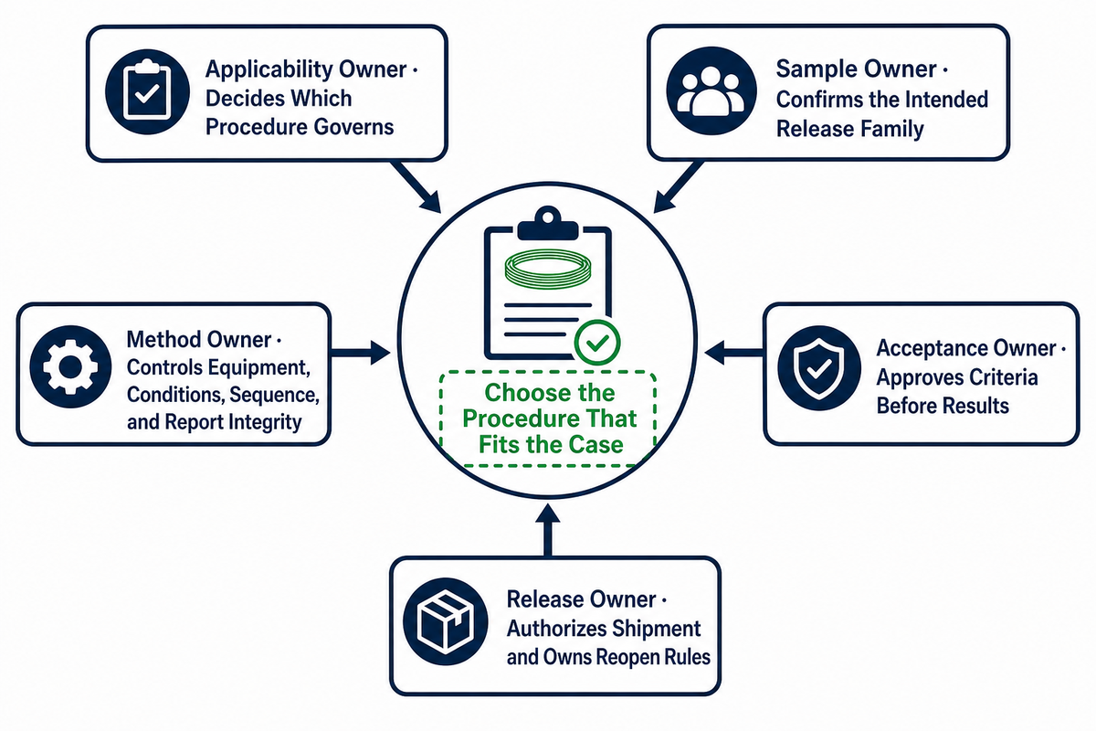 Five owners separate procedure applicability, samples, method, acceptance and release authority
