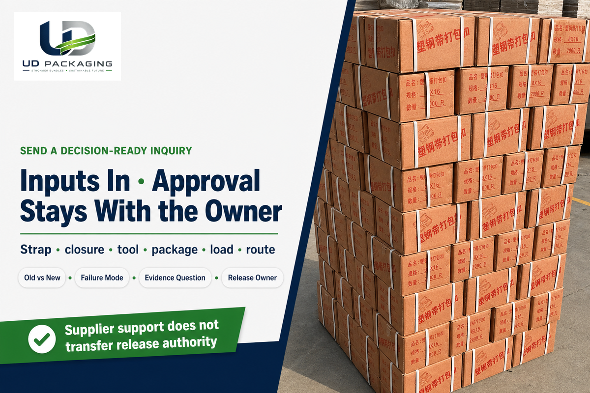 A supplier brief records strap, tool, package, load and route inputs without transferring approval