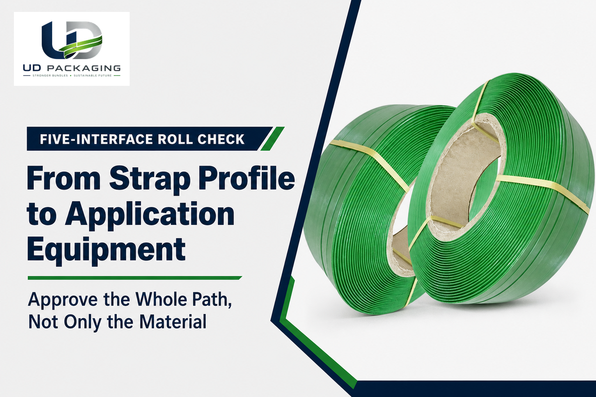 Five linked interfaces between PET strap, coil, tool, load and package