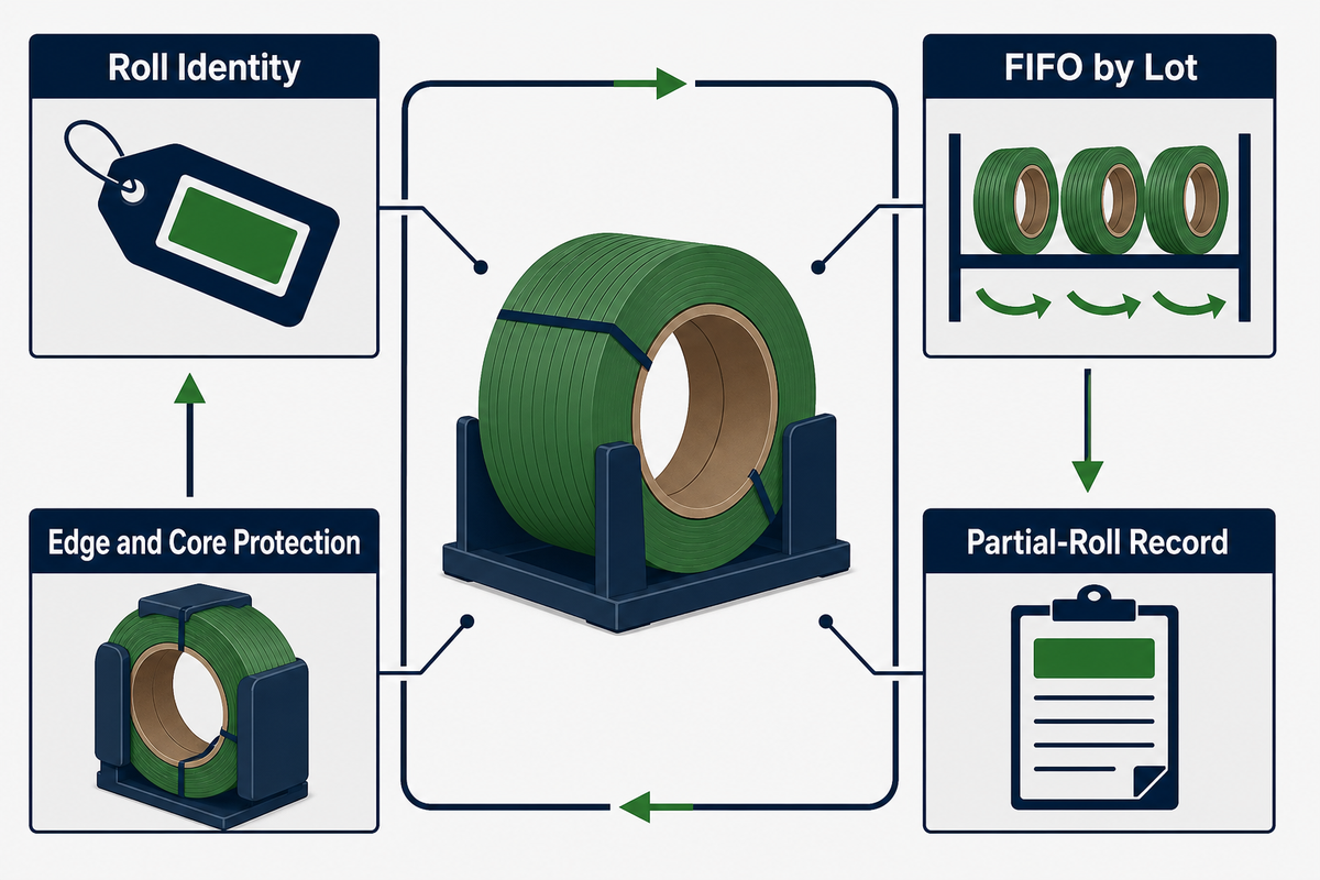 Storage, conditioning and stock rotation control loop for polyester strapping