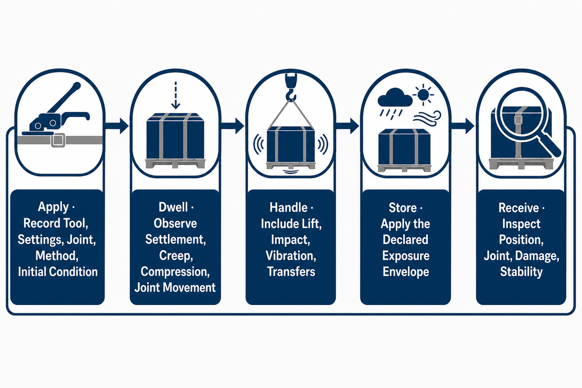 Five-stage observation cycle for PET and steel strapping from application to receiving