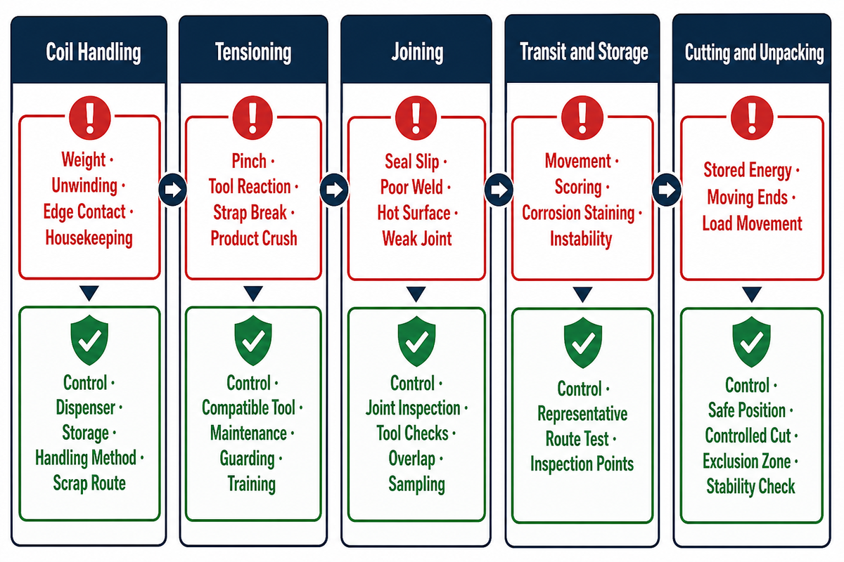Five-stage task-risk map for handling, tensioning, joining, transit and cutting strapping