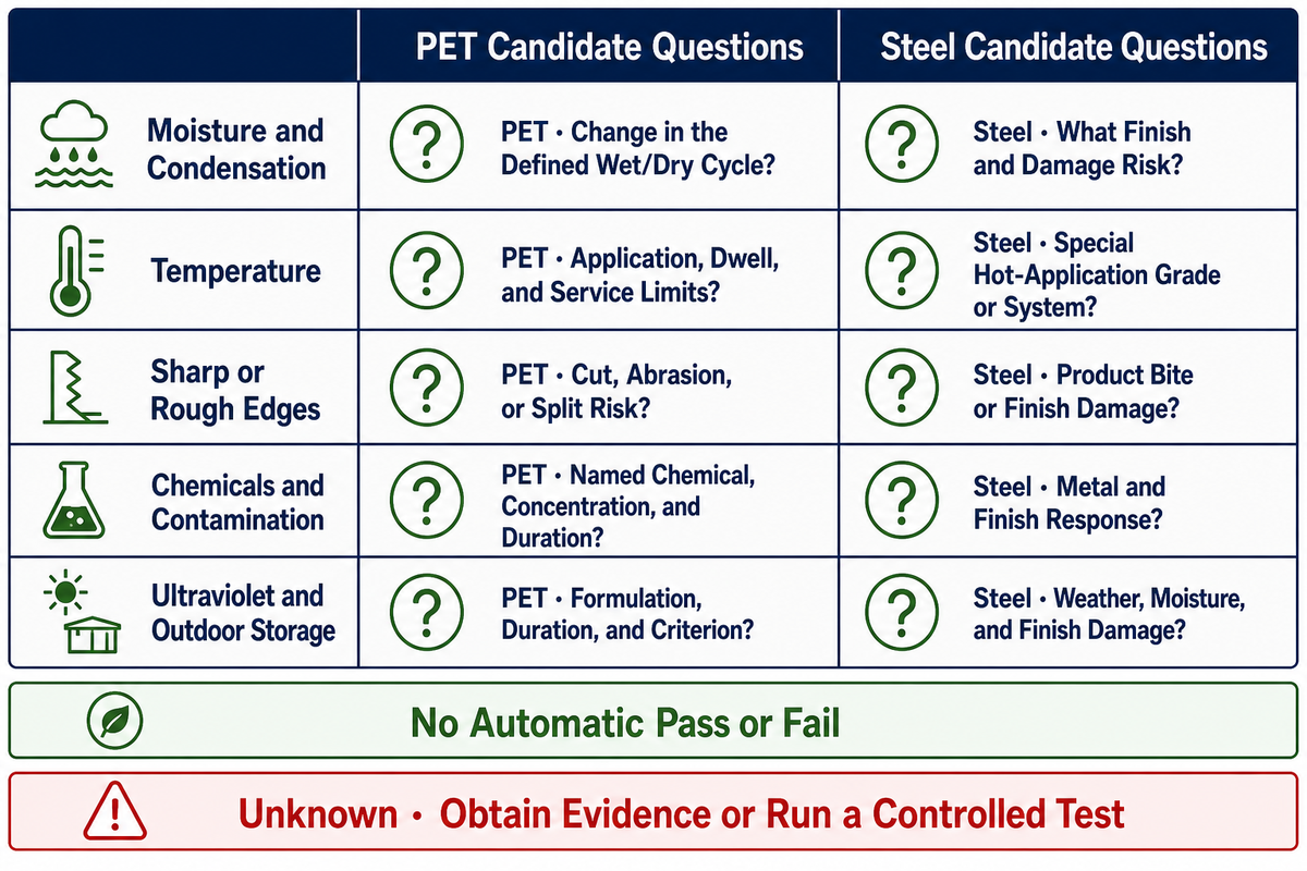 PET and steel exposure screen for moisture, temperature, edges, chemicals and outdoor storage