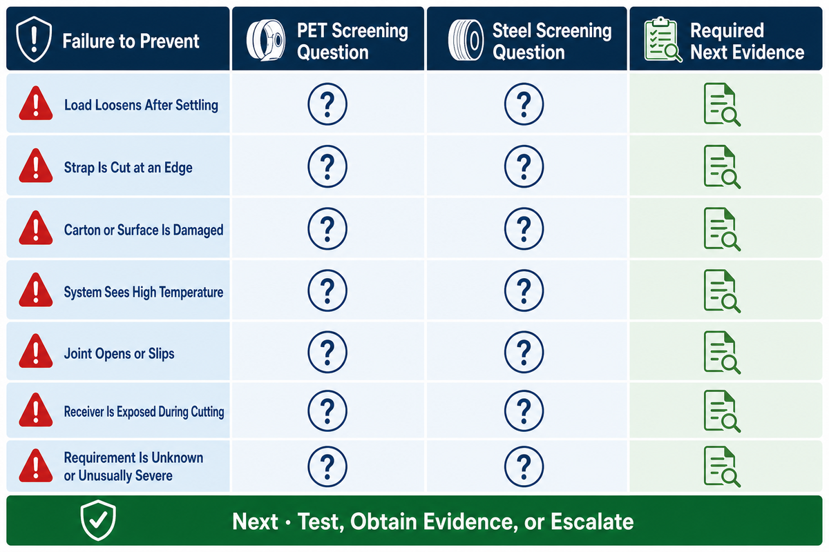 Seven failure modes used to screen PET and steel strapping before testing