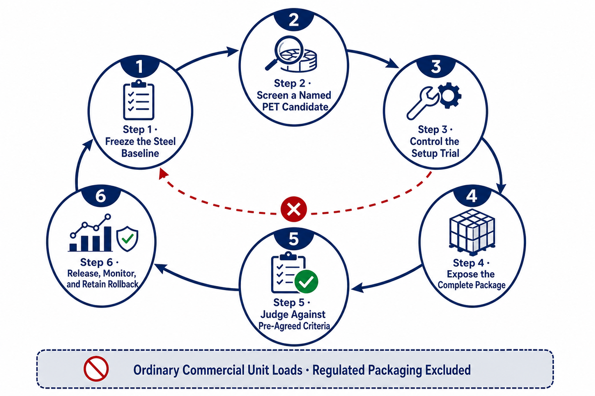 Six controlled steps to qualify a steel-to-PET strapping change with rollback