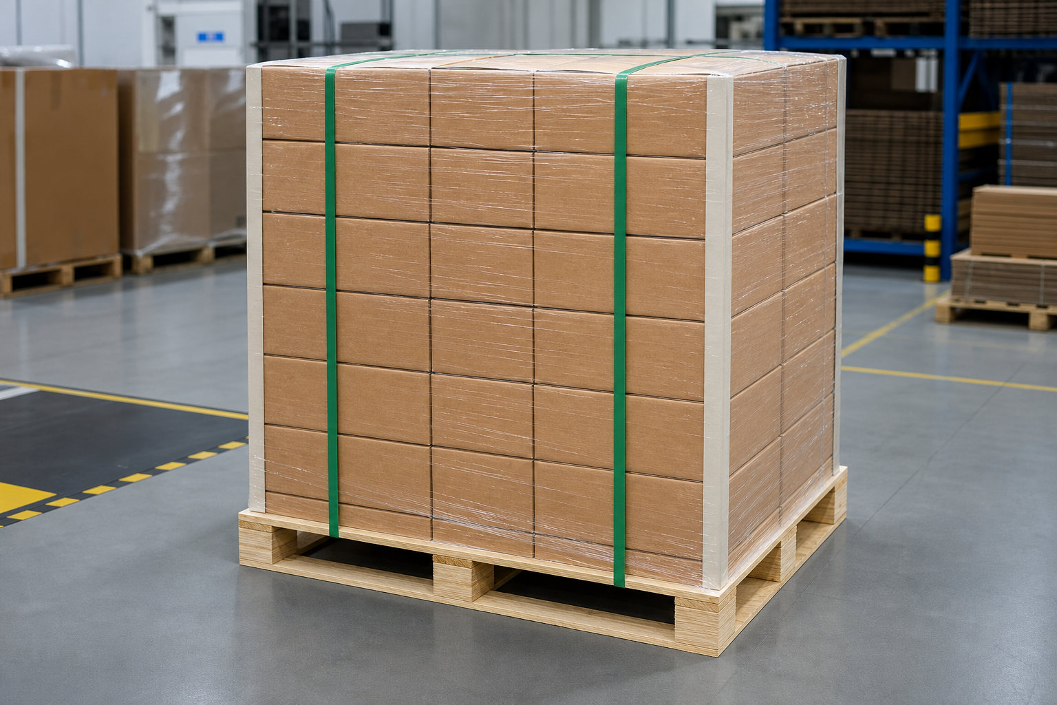 Export cartons for electronics secured with green PET strapping and corner protection