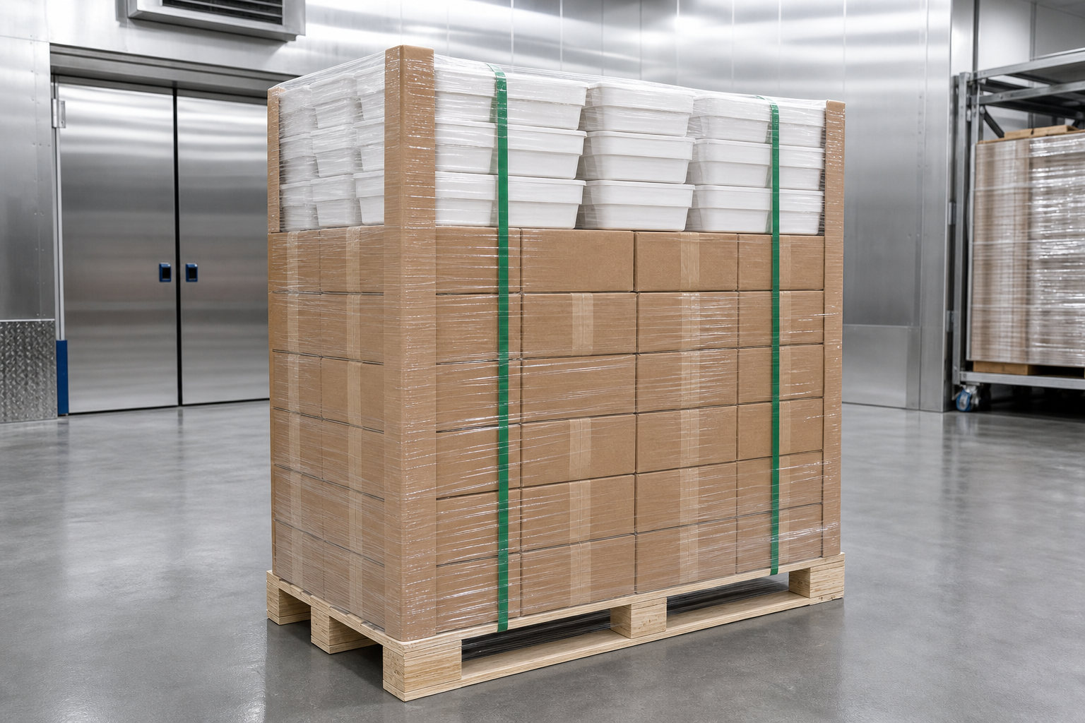 Sealed food cartons and trays on a pallet secured with green PET strapping for cold-chain handling