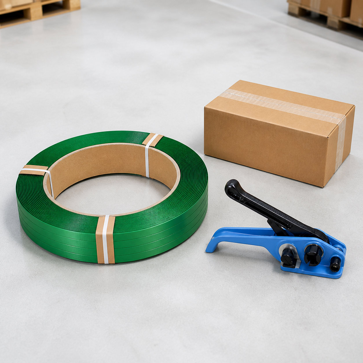 12 mm green PET strapping coil with compact manual tensioning tool