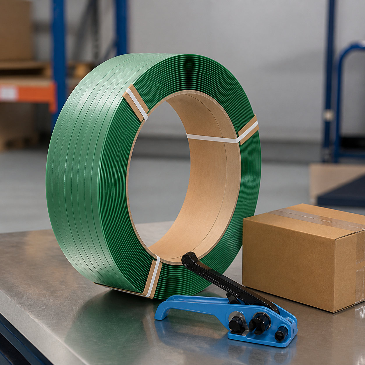 16 mm green PET strapping coil with manual tensioner and shipping carton