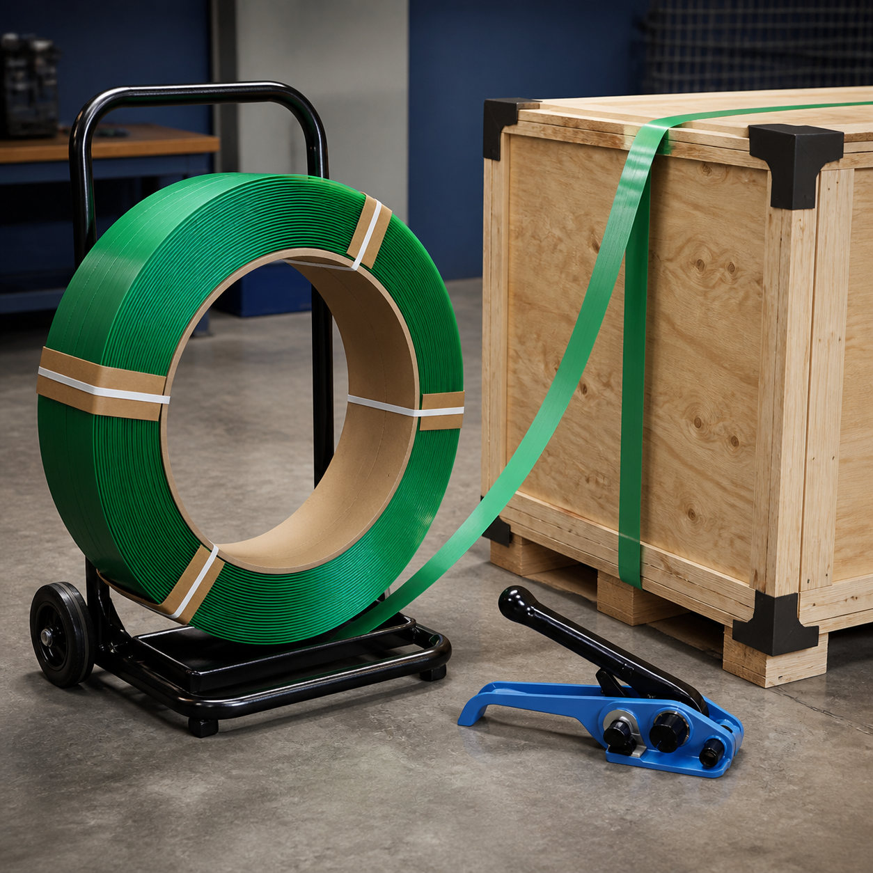 19 mm green PET strapping coil on dispenser securing a timber crate