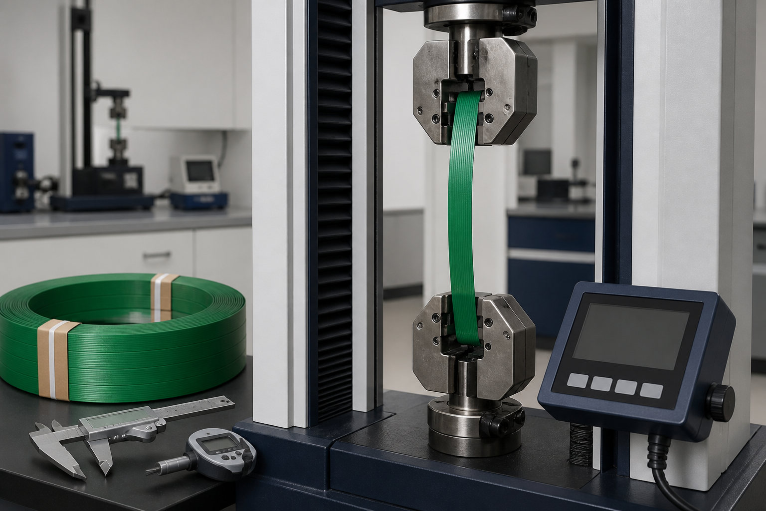 Green PET strapping specimen undergoing tensile testing in a materials laboratory