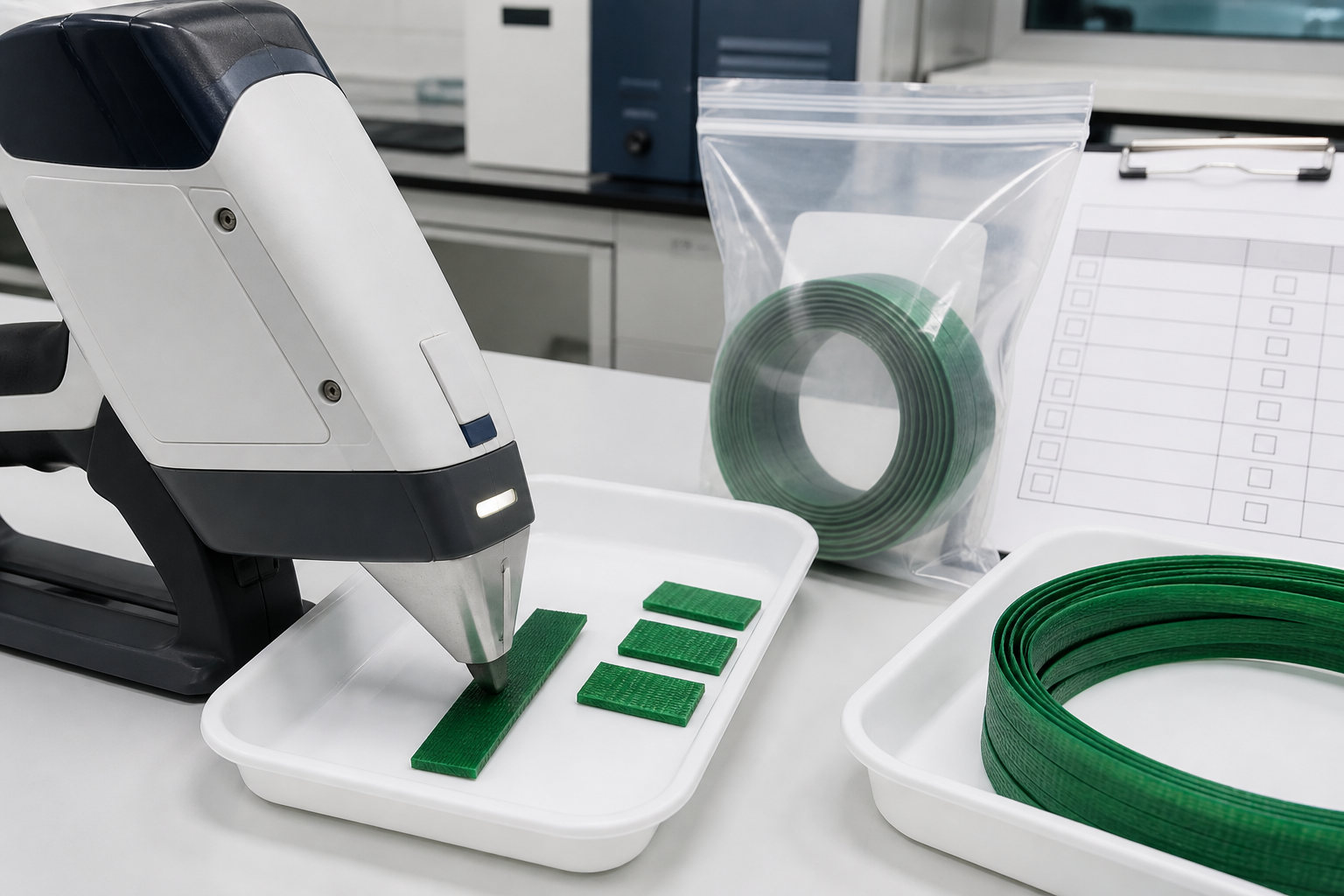 Green PET strapping specimens prepared for substance screening and buyer documentation