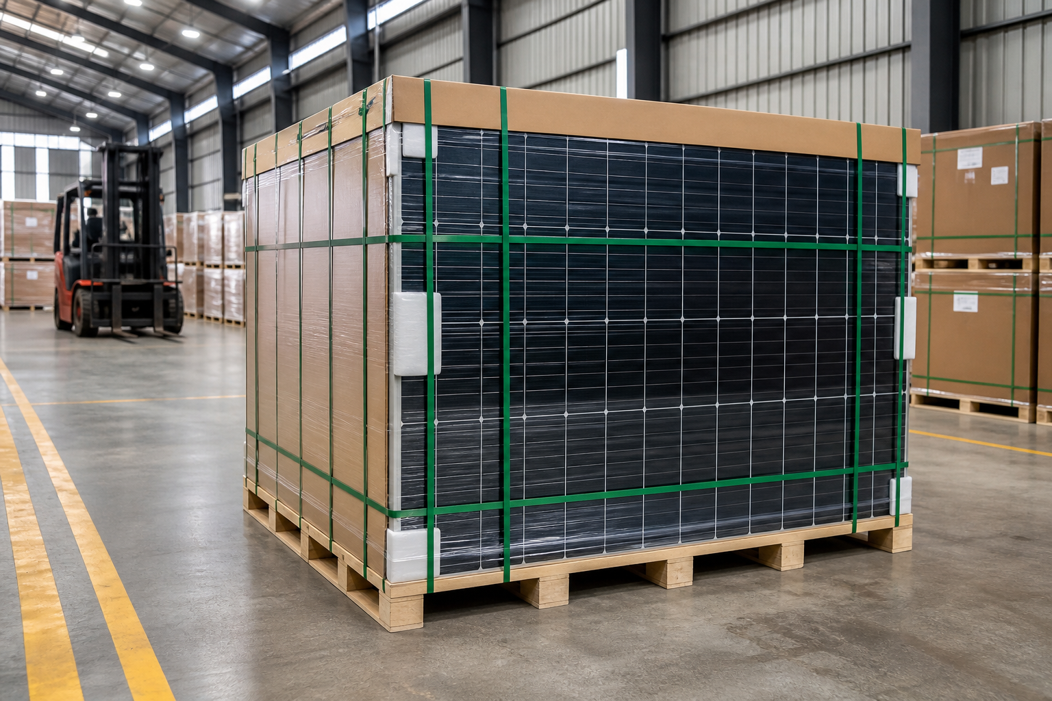 Solar photovoltaic modules secured with green PET strapping for export
