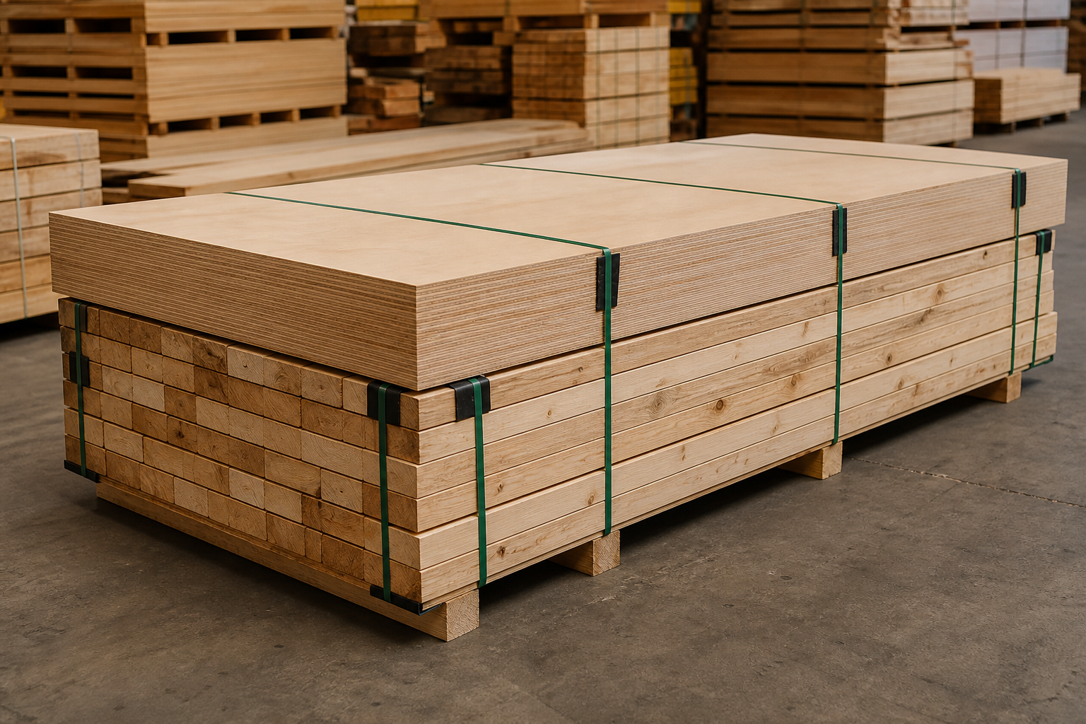Timber and plywood bundles secured with green PET strapping
