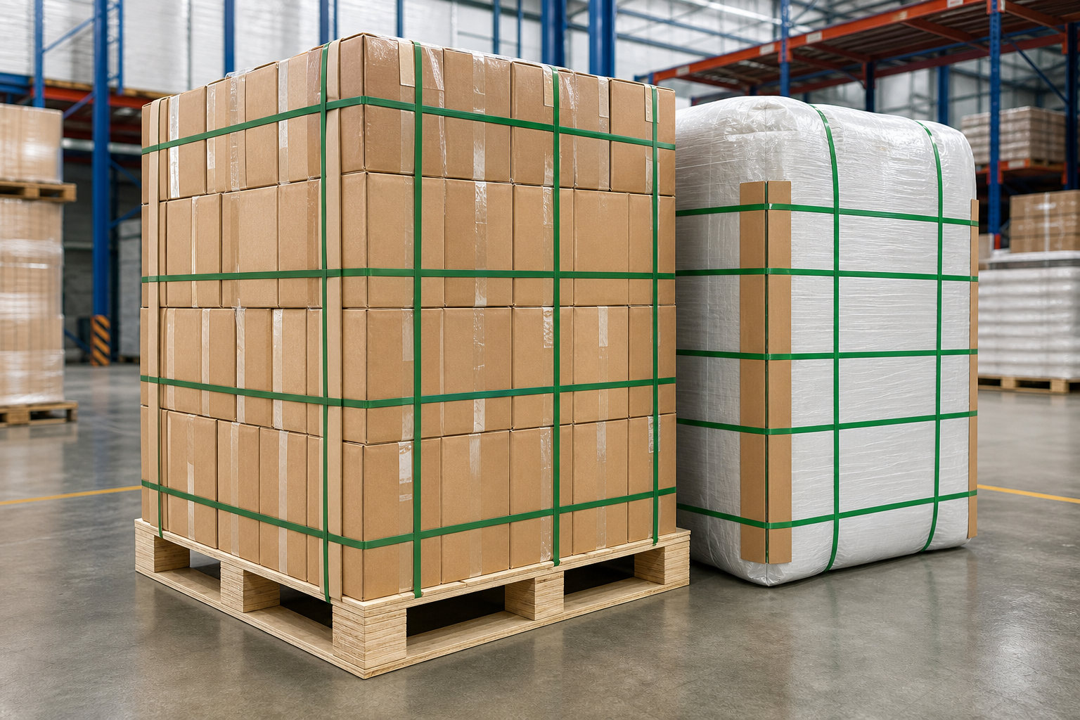 Cased tobacco shipment and wrapped bale secured with green PET strapping for controlled storage