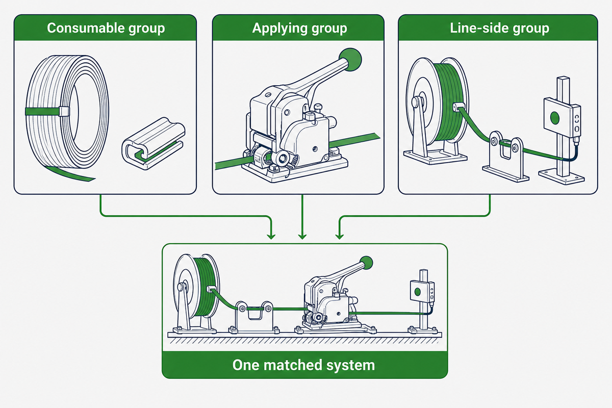 Three industrial strapping component groups joined into one matched system