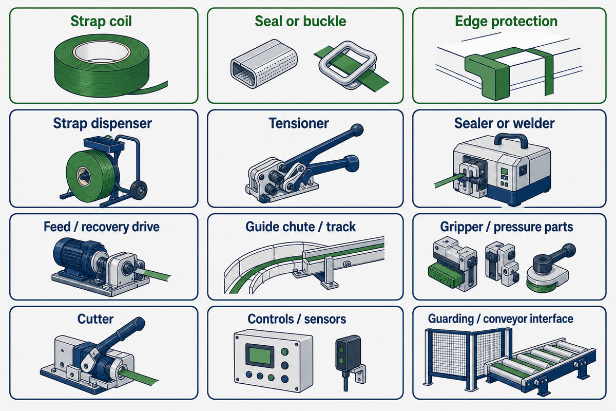 Twelve-line industrial strapping system component register grouped by function