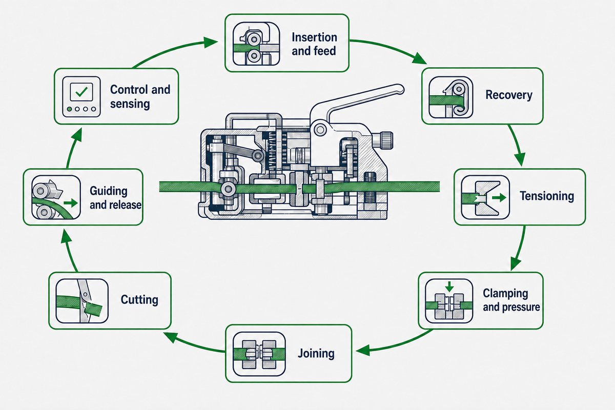 Eight functions inside a generic industrial strapping machine head