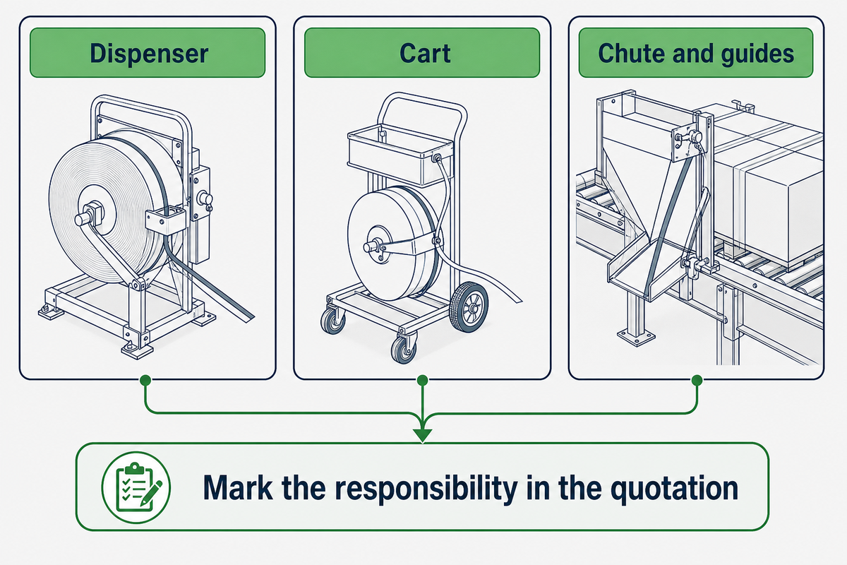 Line-side strapping dispenser, cart and chute responsibility map