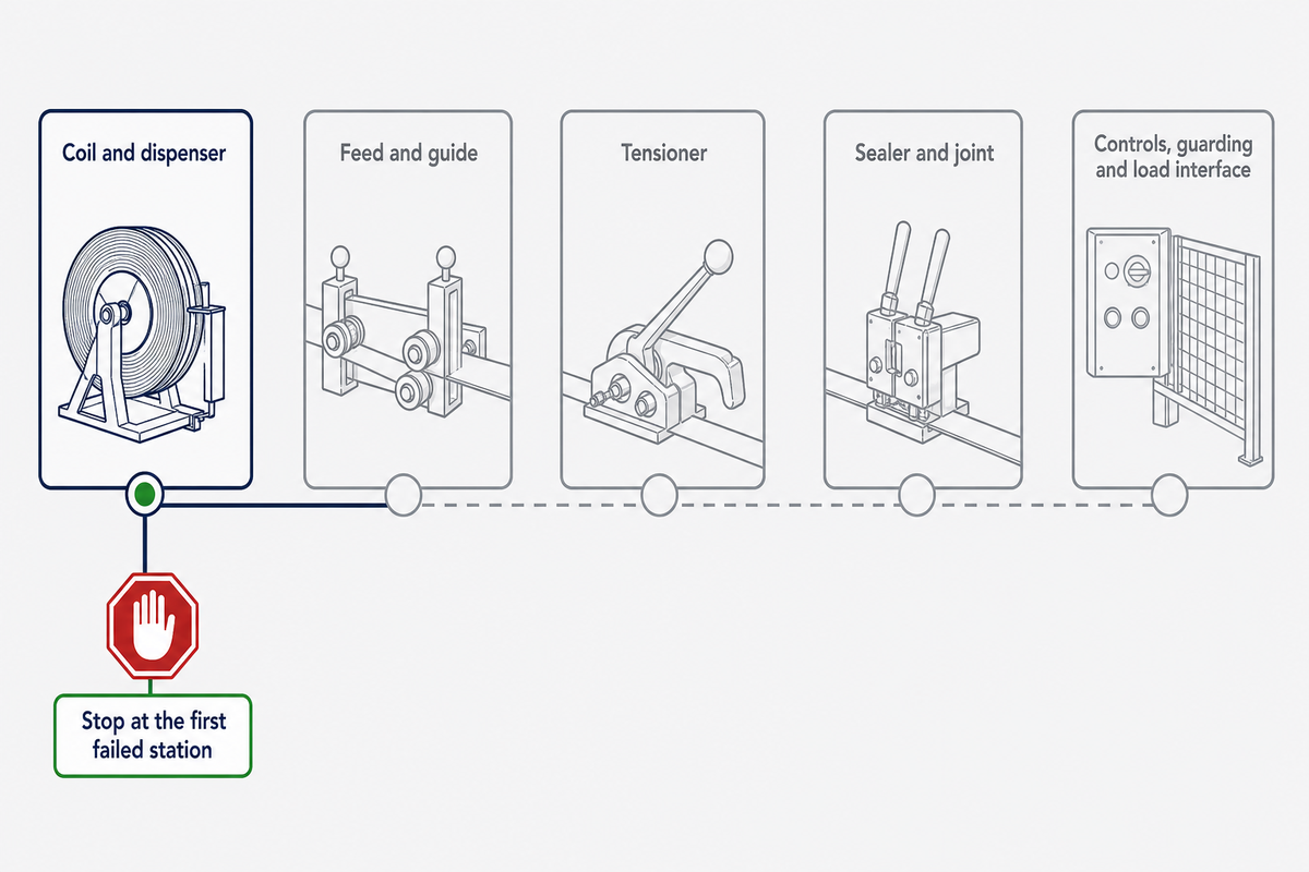 Five-station weakest-link inspection walk for an industrial strapping system