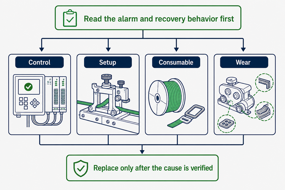 Four-branch diagnostic tree for common strapping machine symptoms
