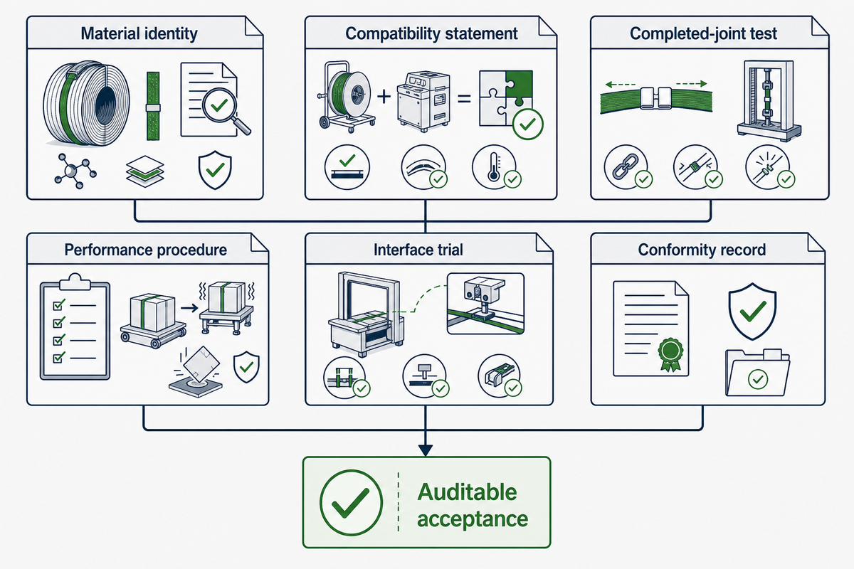 Six evidence families in an industrial strapping component acceptance docket
