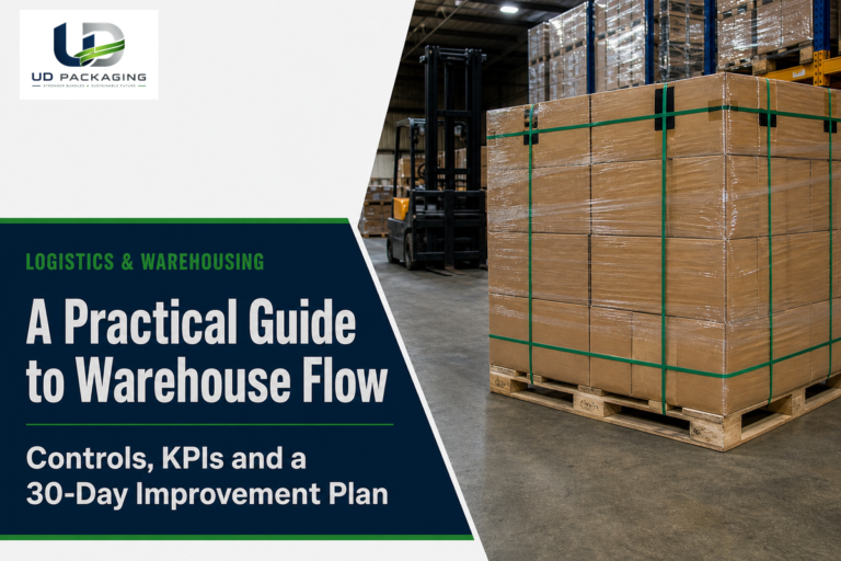 Logistics and warehousing guide cover showing a palletized load, warehouse racking and forklift