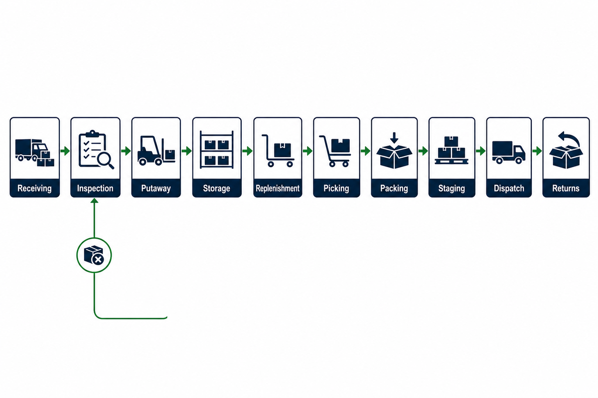 End-to-end warehouse flow from receiving through returns with an exception feedback loop