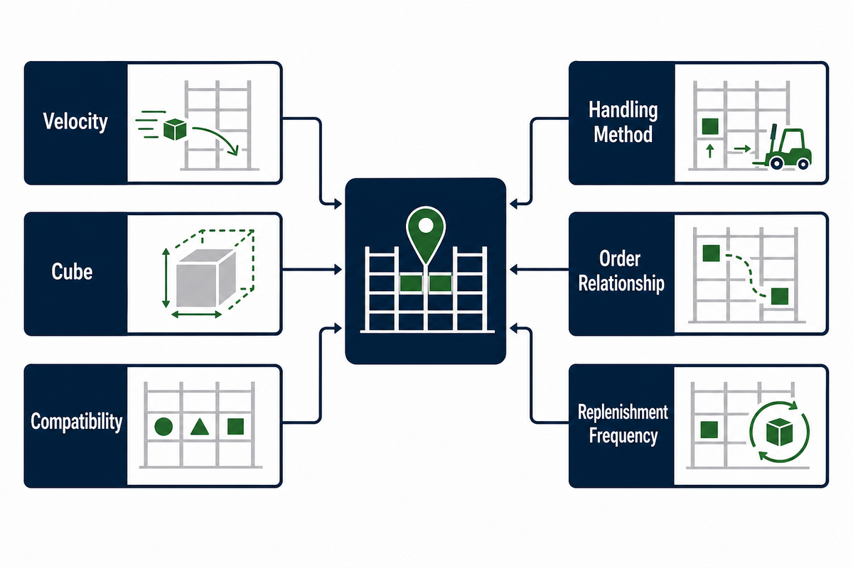 Warehouse slotting decision factors including velocity, cube, compatibility and replenishment frequency