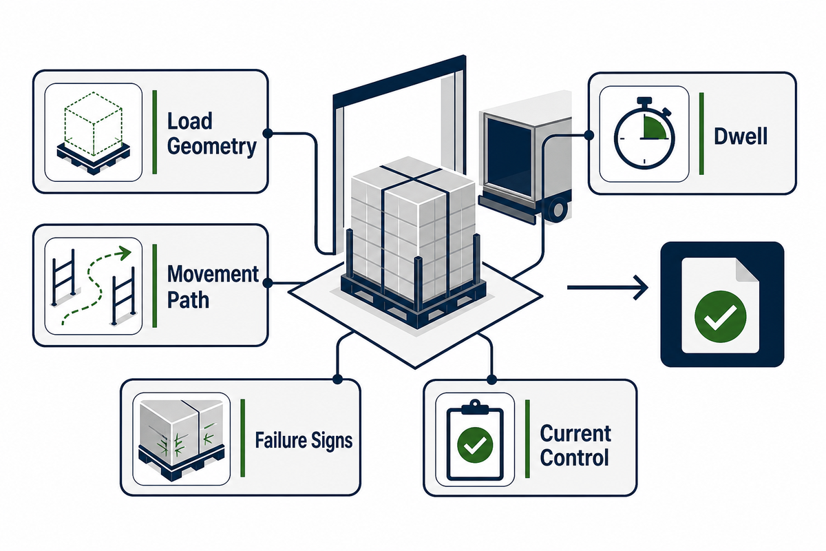 Warehouse dispatch handoff card for load geometry, movement path, dwell, failure signs and current control