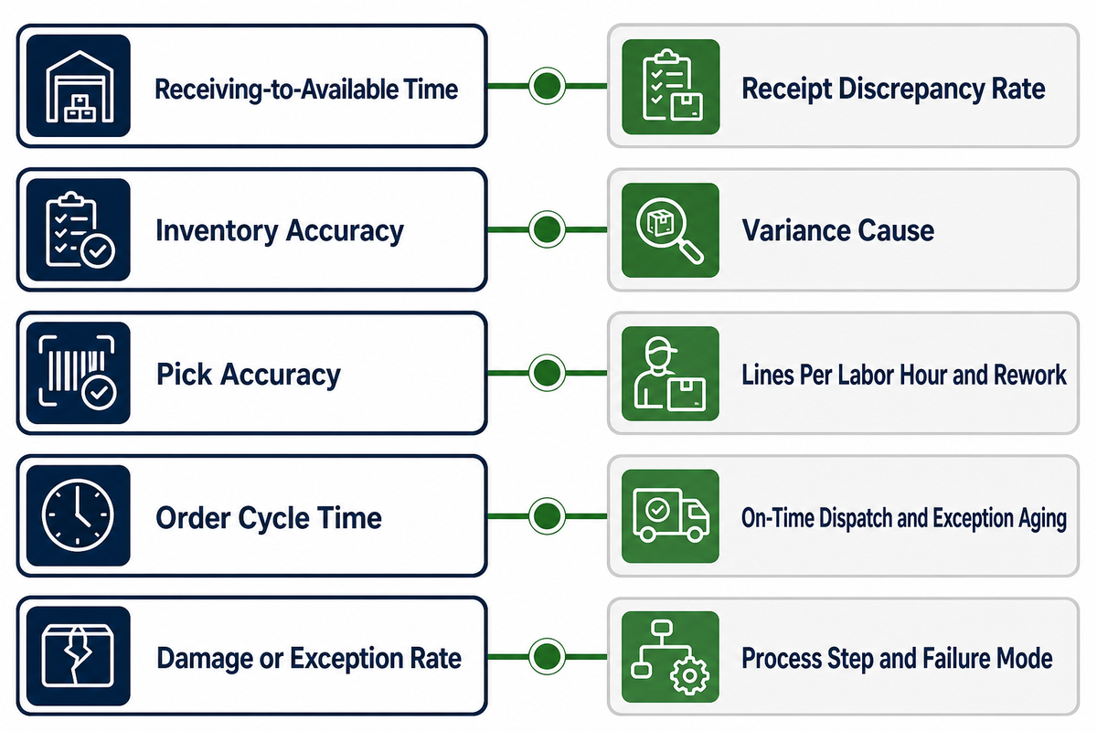 Paired warehouse KPIs connecting speed measures with accuracy, rework and exception evidence