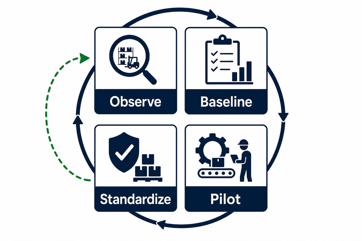 Thirty-day warehouse improvement cycle covering observation, baseline, pilot and standardization