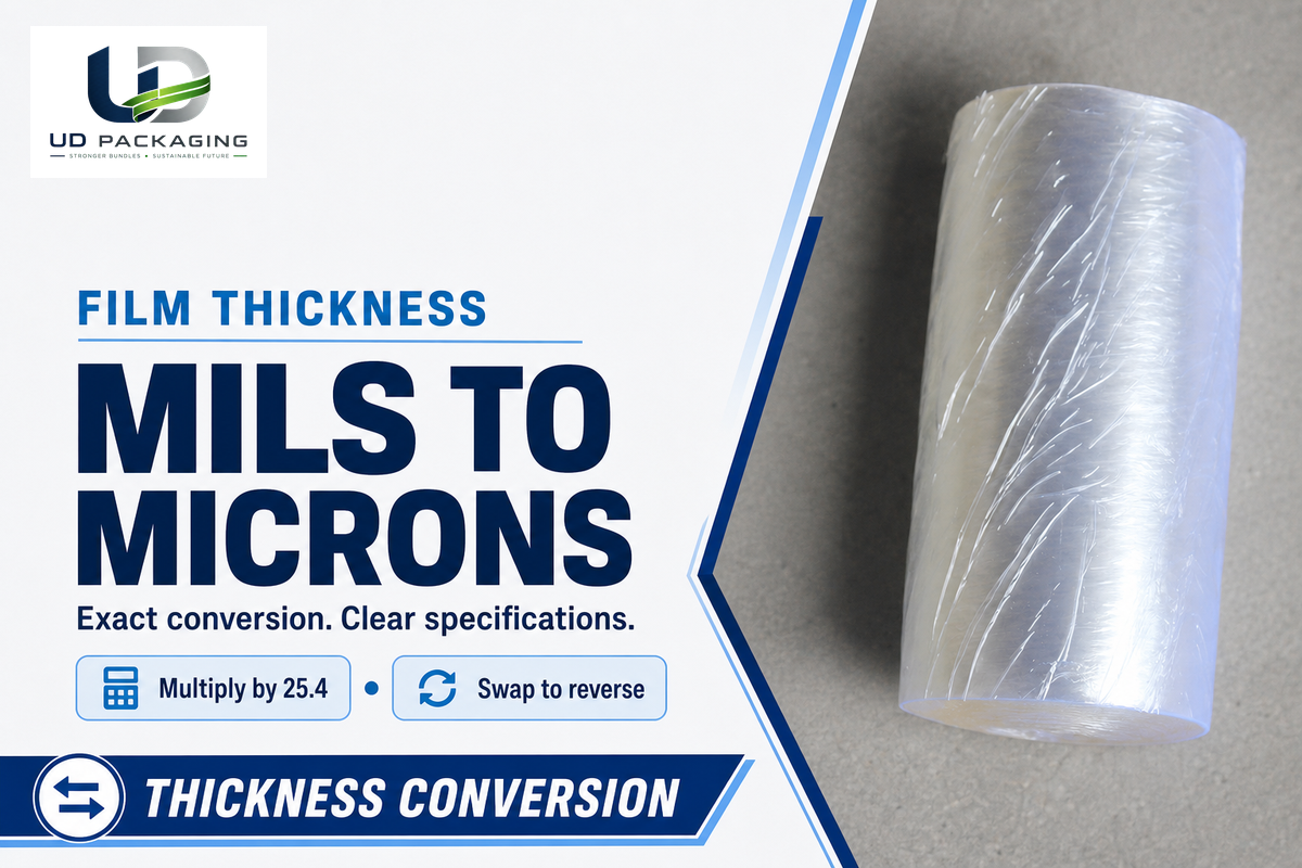 Clear stretch-film roll with mils to microns conversion guidance