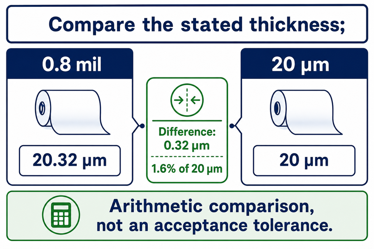 Vergleich von 0.8 mil beziehungsweise 20.32 Mikrometern mit einer Spezifikation von 20 Mikrometern; dargestellt ist ein Unterschied von 0.32 Mikrometern