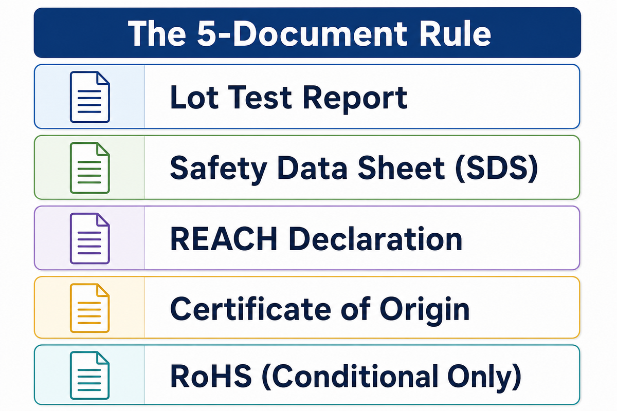 5-Document Rule for PET strapping orders: lot test report, SDS, REACH, Certificate of Origin, conditional RoHS