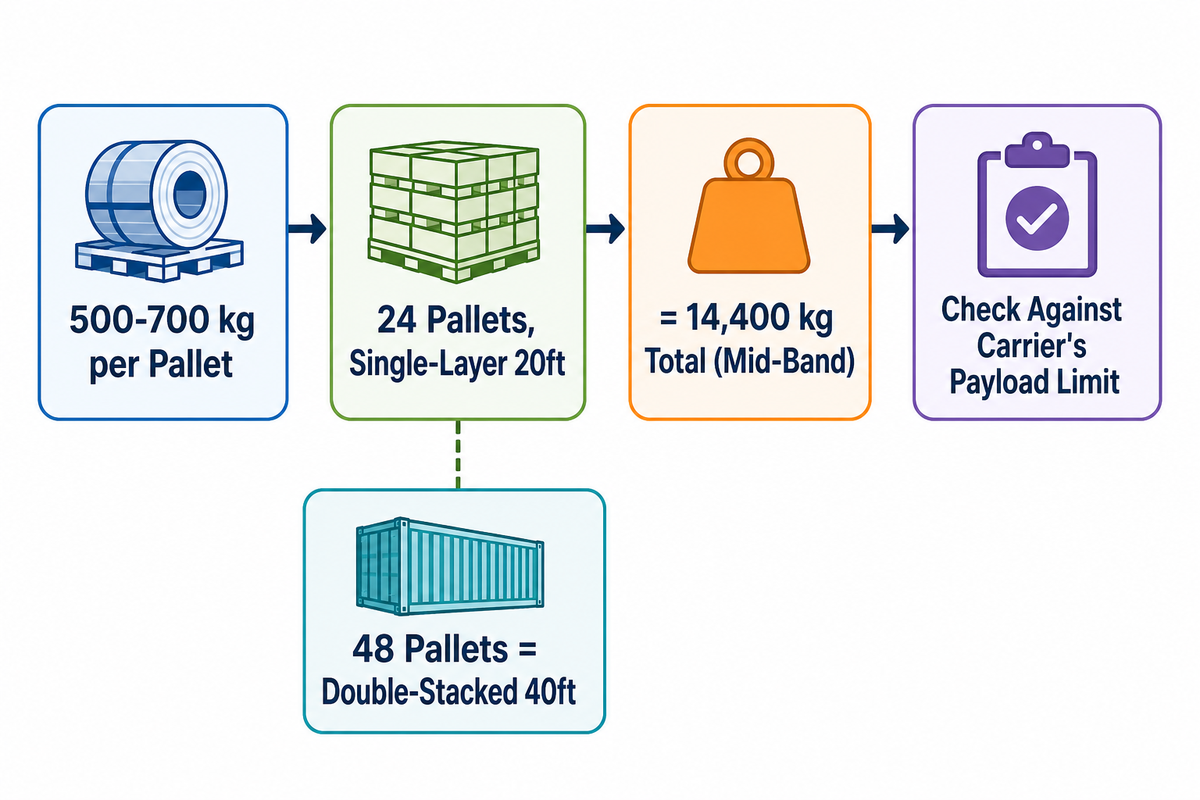 24 pallets at the 500-700kg/pallet band load about 14,400kg in a single-layer 20ft container
