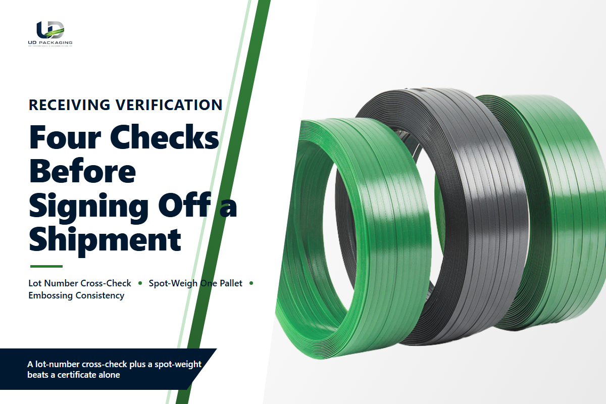 Four receiving checks for PET strapping: lot-number cross-check, spot-weigh, embossing consistency, documentation