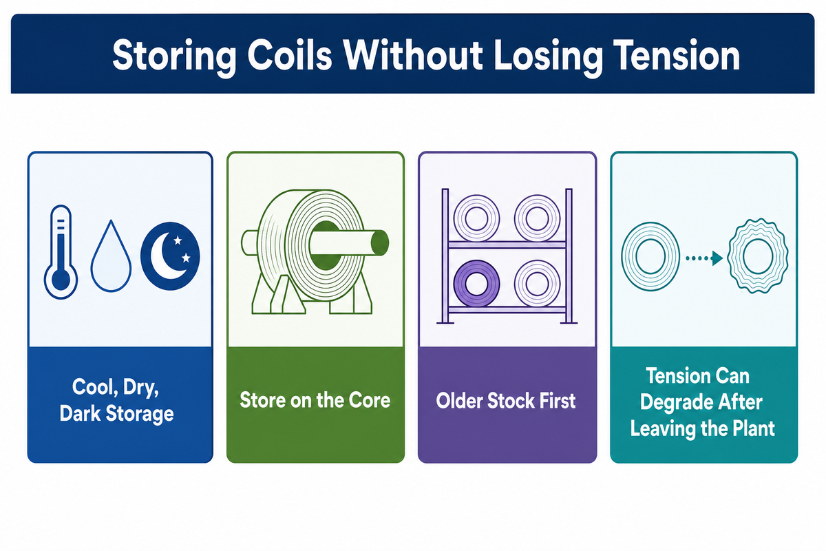 PET strapping band coils lose tension over time -- store cool, dry, dark, on the core, oldest stock first