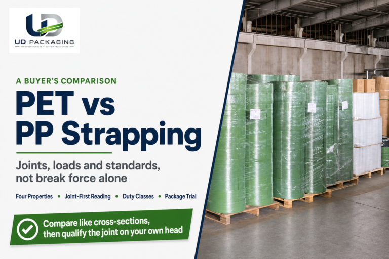 PET and PP strapping compared on joints, loads and standards rather than on break force alone