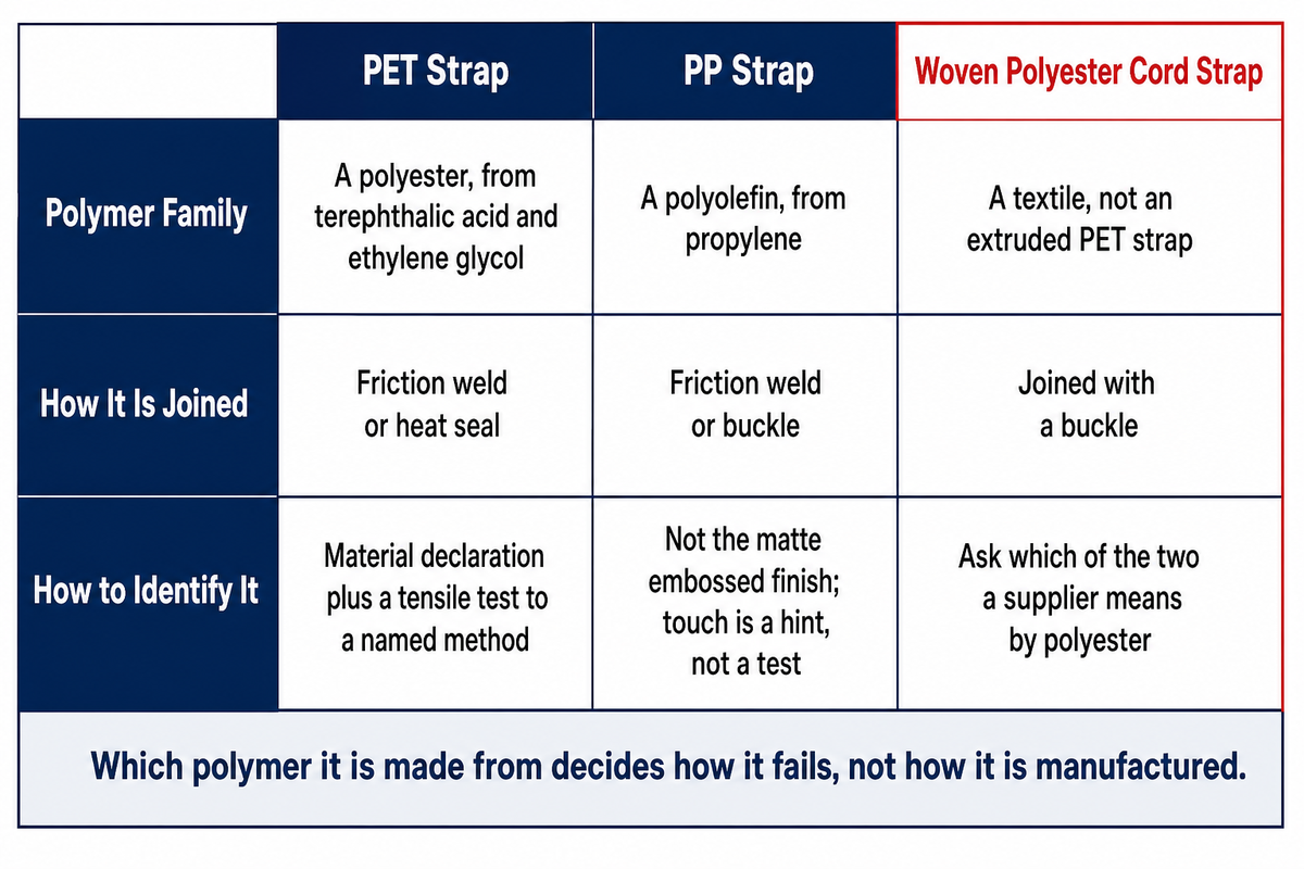 PET strap, PP strap and woven polyester cord strap separated by polymer family, joining method and identification