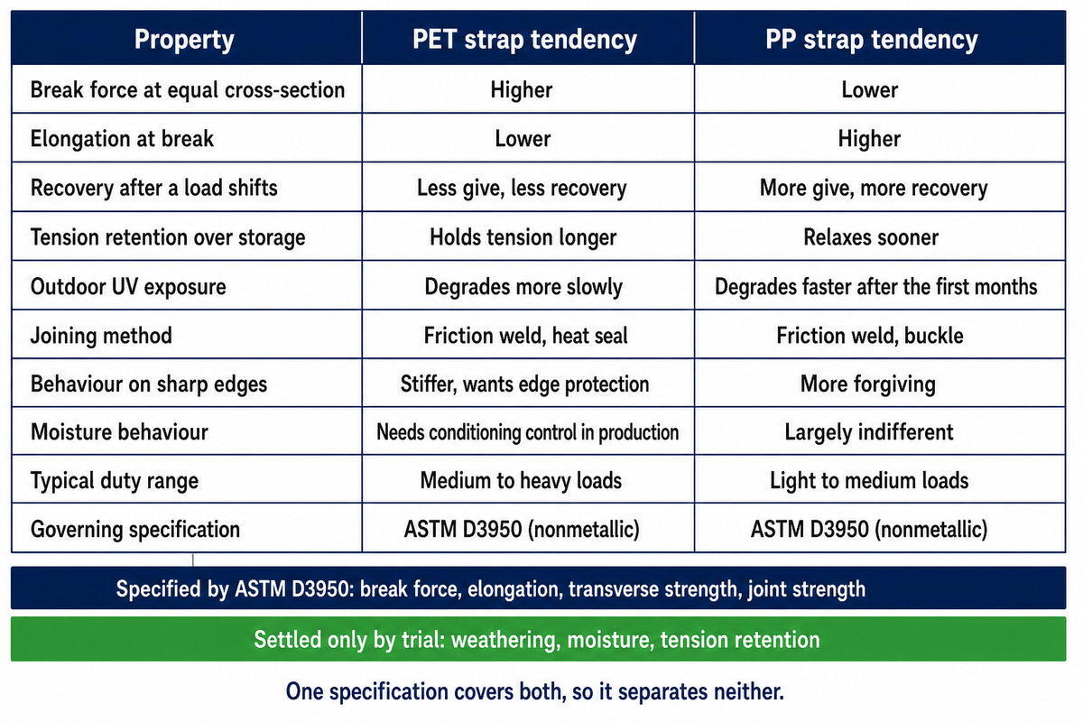 Ten properties comparing PET and PP strapping tendencies with specified and trial-only rows marked
