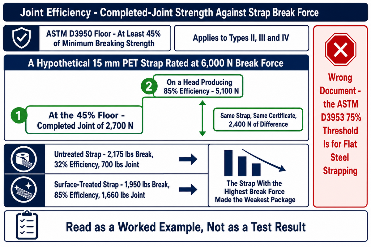 Joint efficiency worked examples showing the higher break force strap producing the weaker package