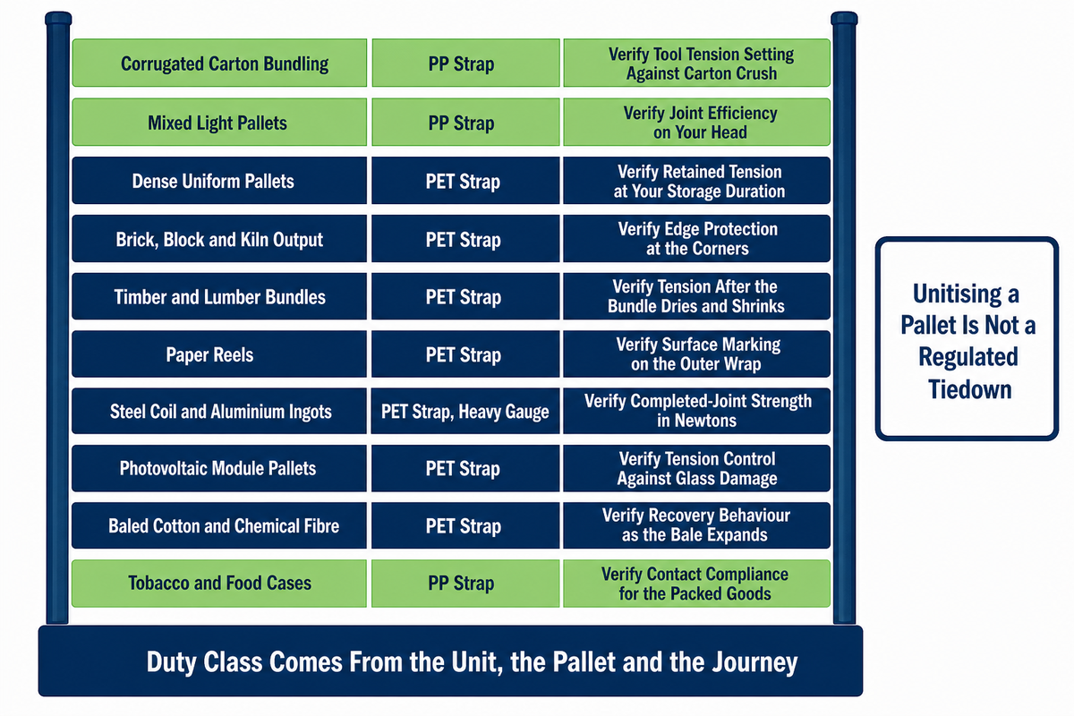 Ten strapping duty classes with the indicated material and the property to verify before ordering